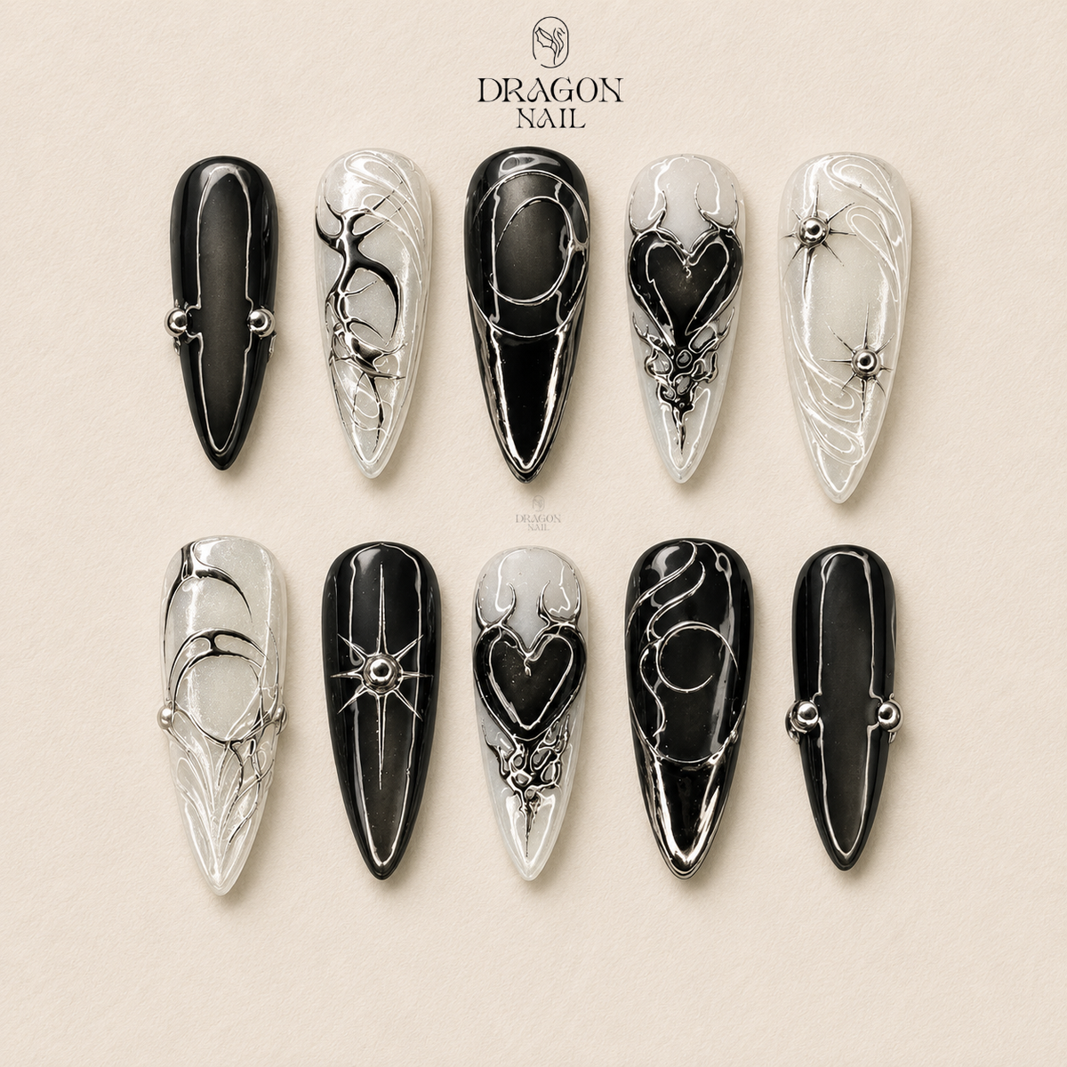 Gothic Silver Chrome Press On Nails With Black Hearts And Flames