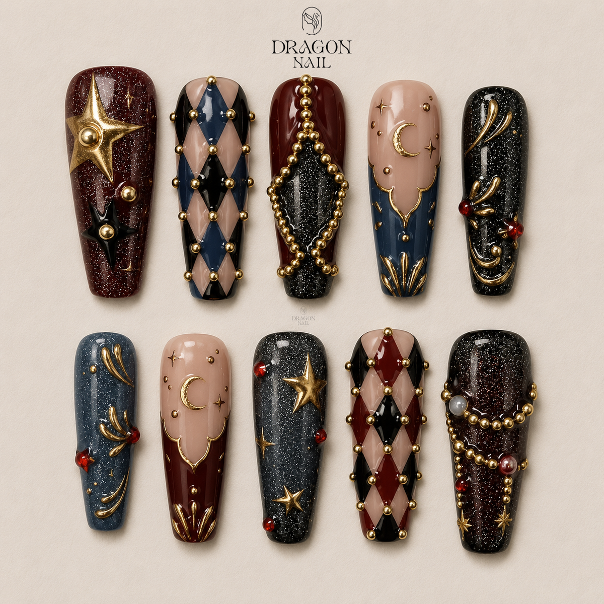 Royal Harlequin Celestial Burgundy and Navy Argyle Design with Gold Beads and Star Moon Accents, Handmade Luxury Nail Art