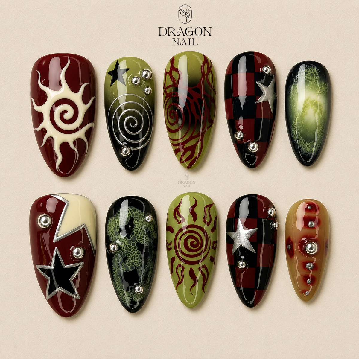 Grunge Sun Abstract Press On Nails With Spiral Flame And Star Design