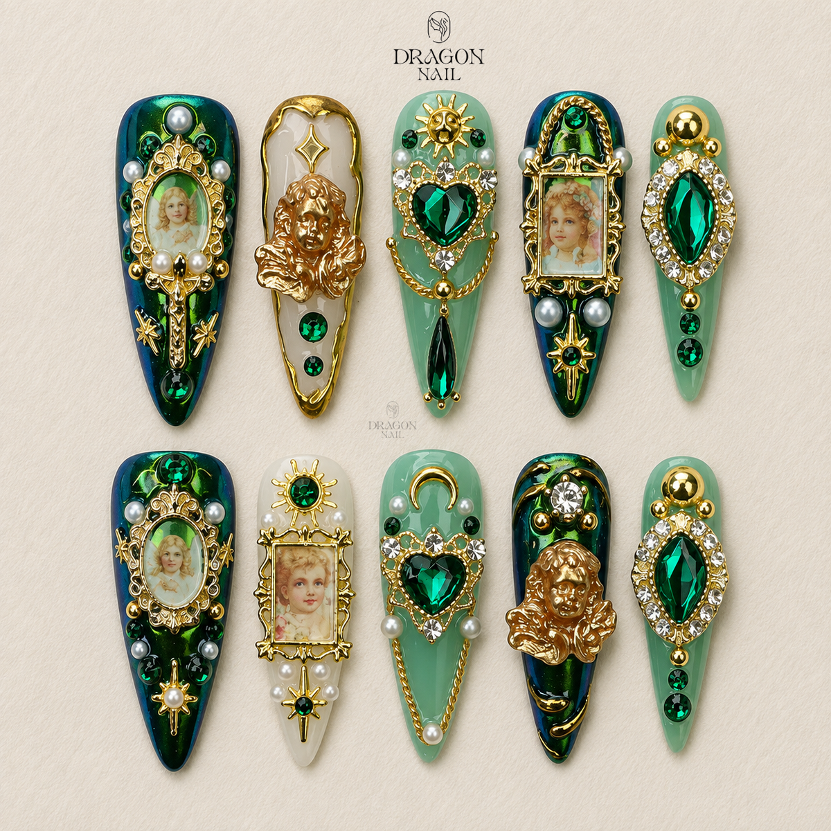 3D Angel Press On Nails: Chrome Gold & Green Gem Stiletto Nails