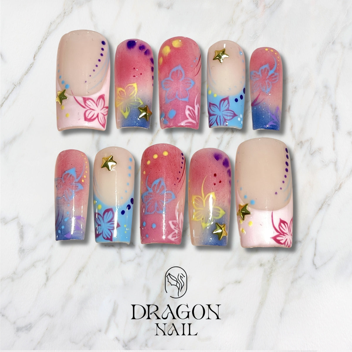 Unique Colorful Flower | Medium Square Press On Nails