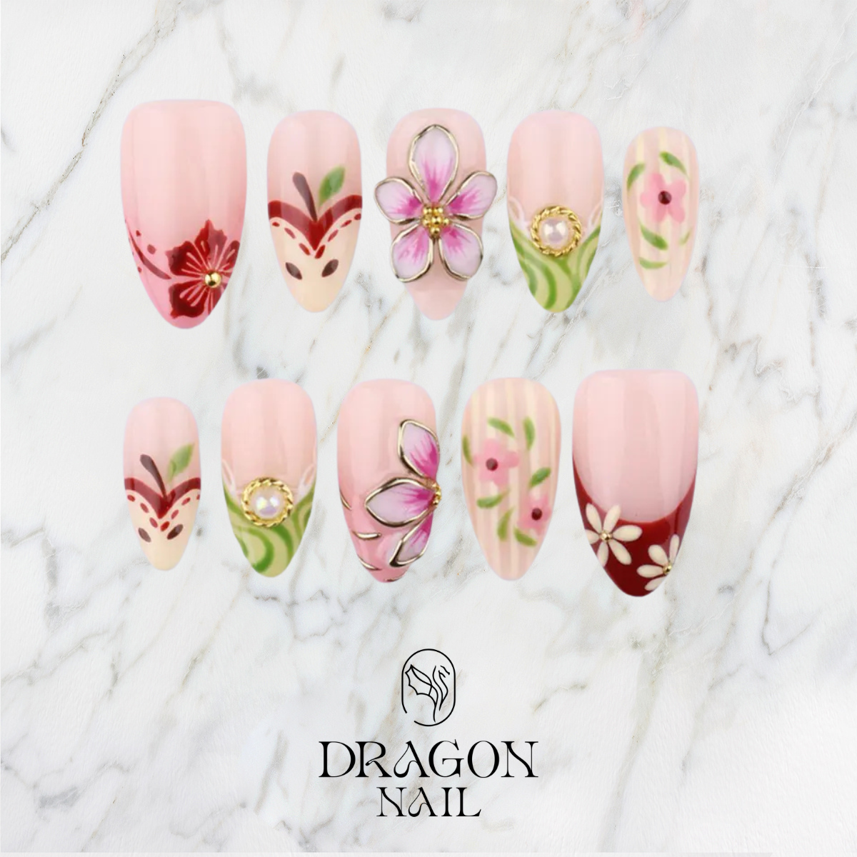 Soft Floral Gold Frame Elegant Press On Nails