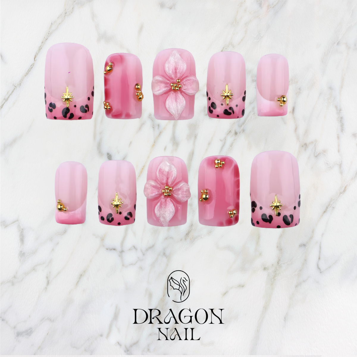 Pink Leopard Floral Star Charm Playful Press On Nails