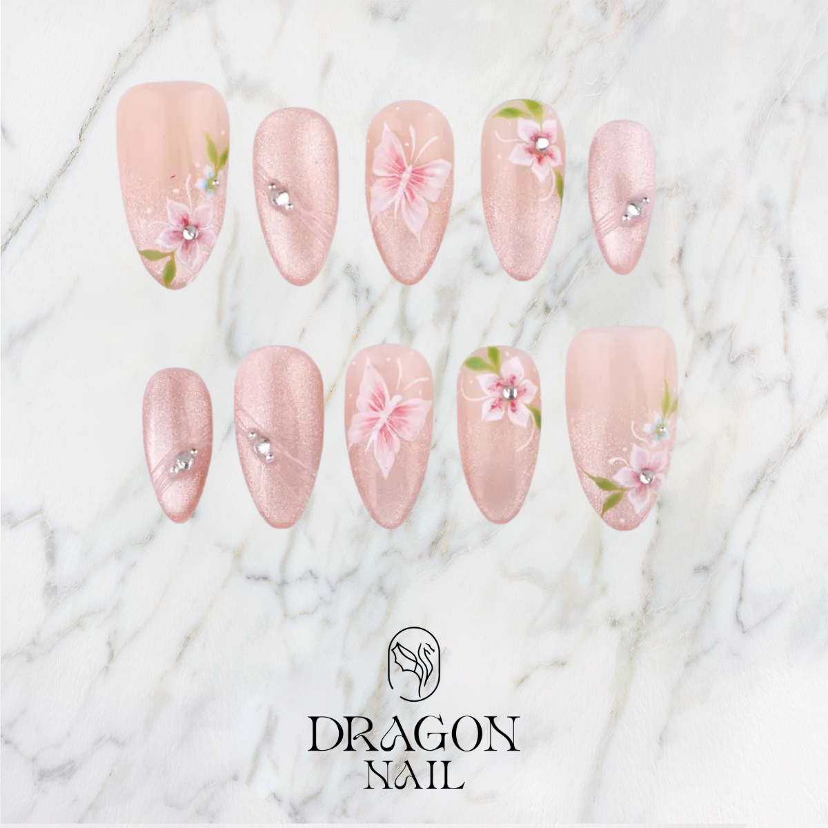 Blush Cat Eye Butterfly Crystal Romantic Press On Nails