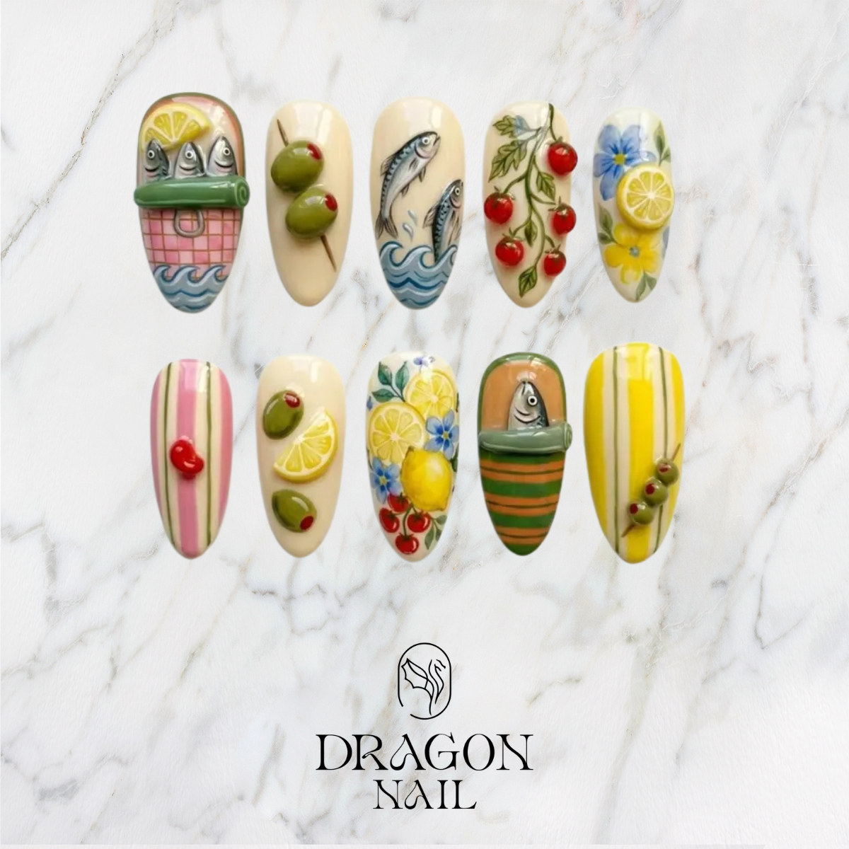 Mediterranean Coastal Fruit Art Vibrant Press On Nails