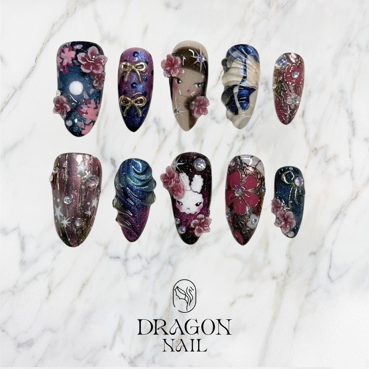 Green Marble Gold Foil Luxury Abstract Glossy Press On Nails