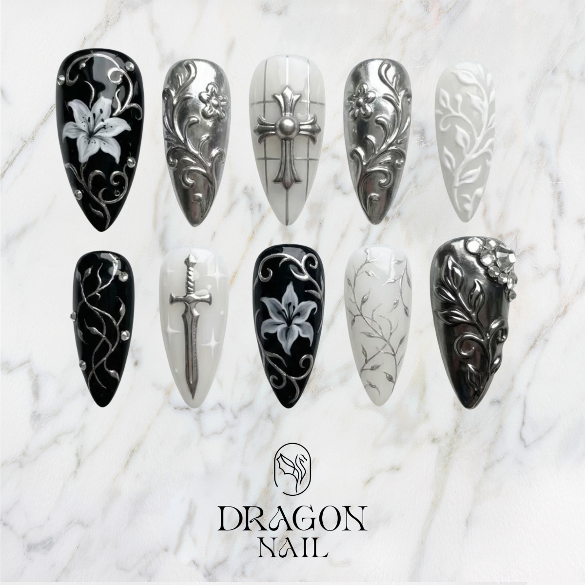 Gothic Medieval Chrome Silver Sword Cross Edgy Press On Nails