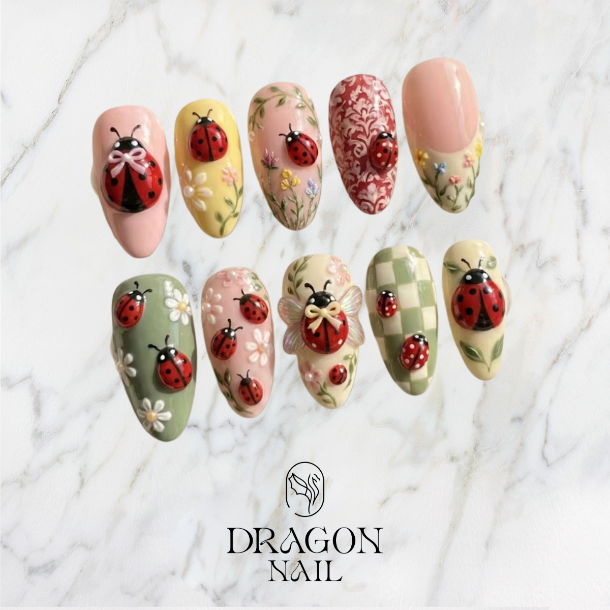 Pastel Floral Ladybug Spring Whimsical Press On Nails