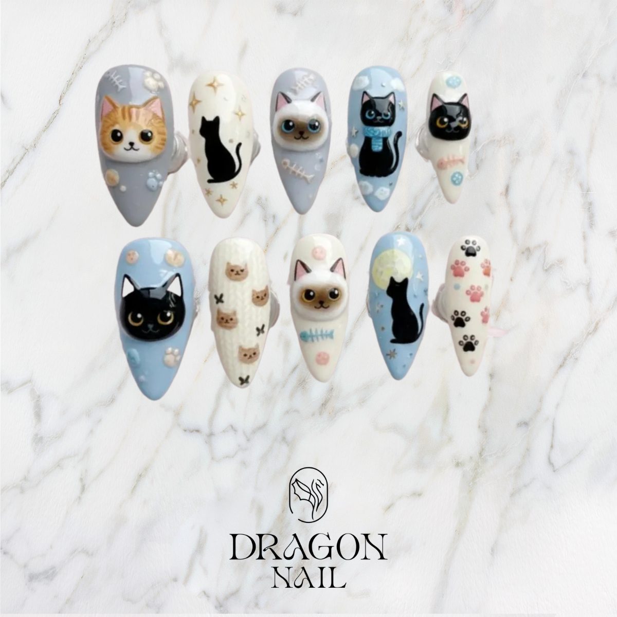 Pastel Blue Kawaii Kitty Cute Playful Press On Nails
