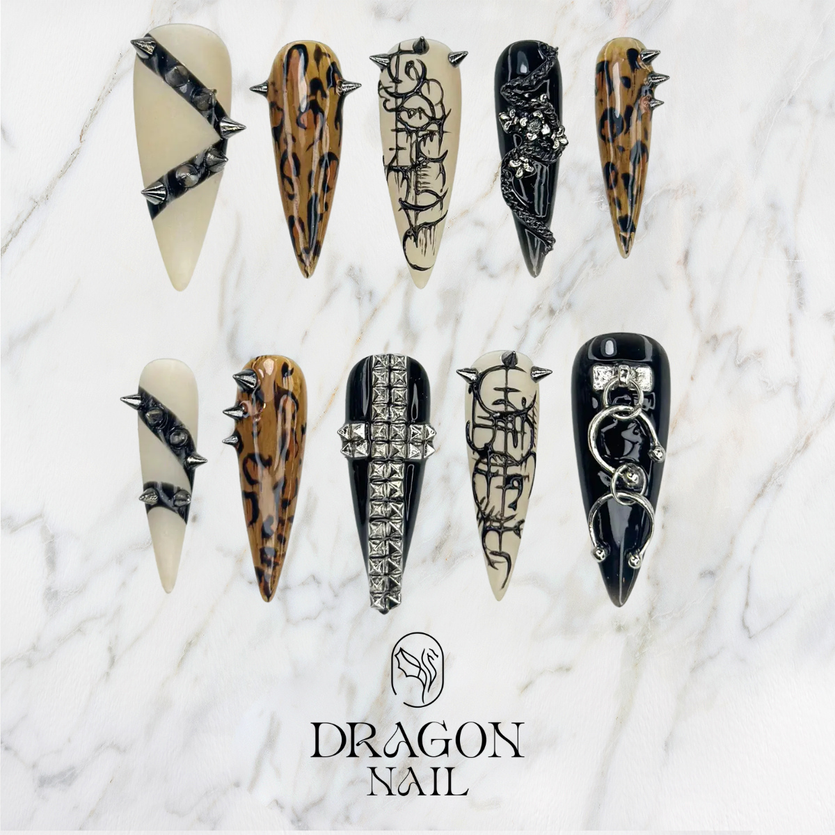 Gothic Punk Chrome Leopard Studded Stiletto Press On Nails