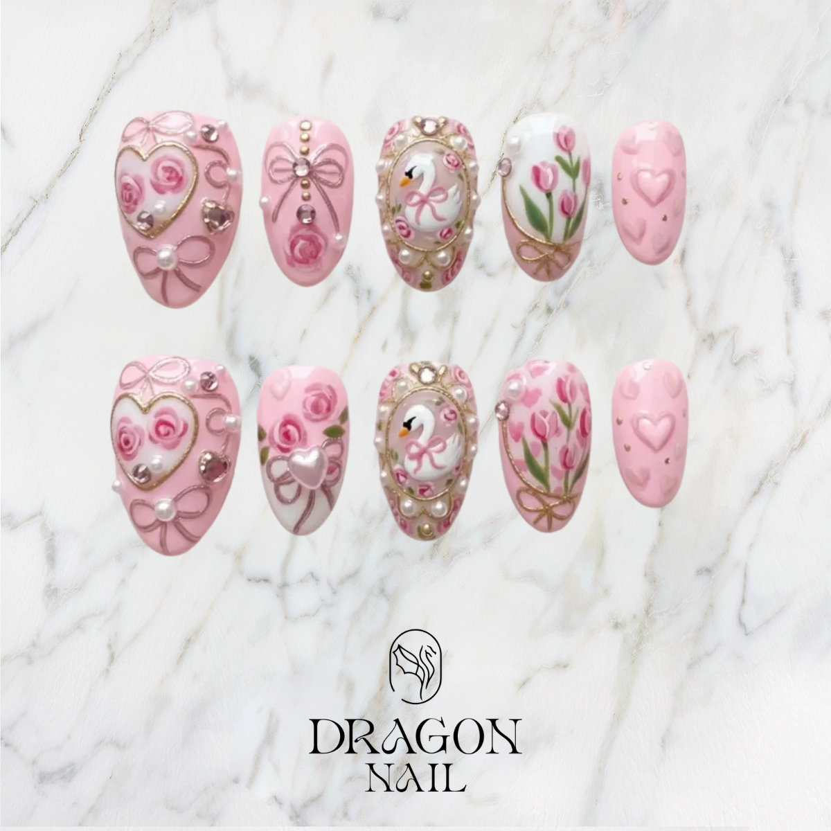Romantic Swan Coquette Pearl Bow Floral Press On Nails