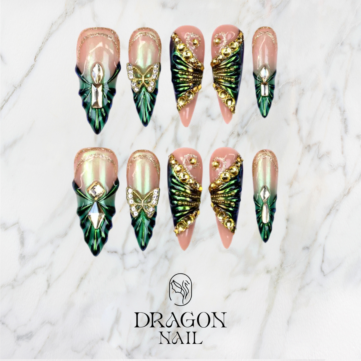 Mystical Forest Elf Green Fairy Wing Stiletto Press On Nails