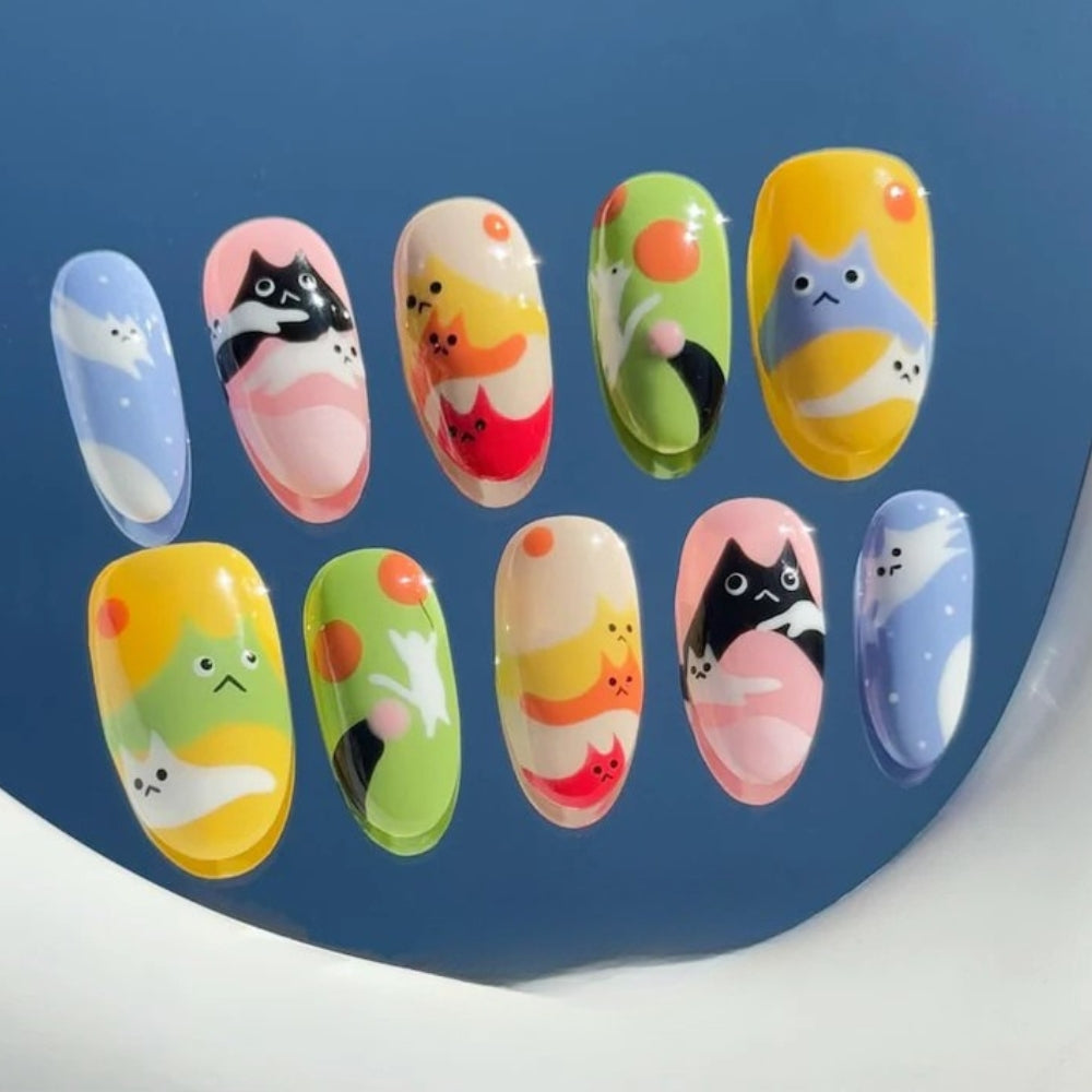 Cute Cartoon Kitty Mountain Colorful Press On Nails