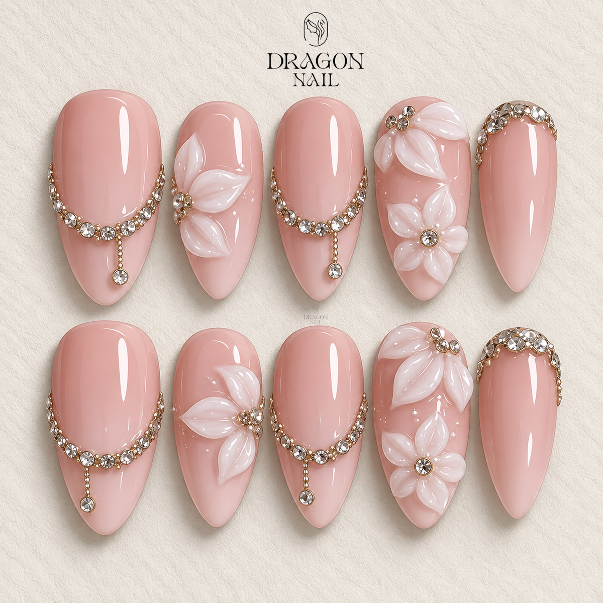 Blush Pink Floral Rhinestone Elegance Press On Nails