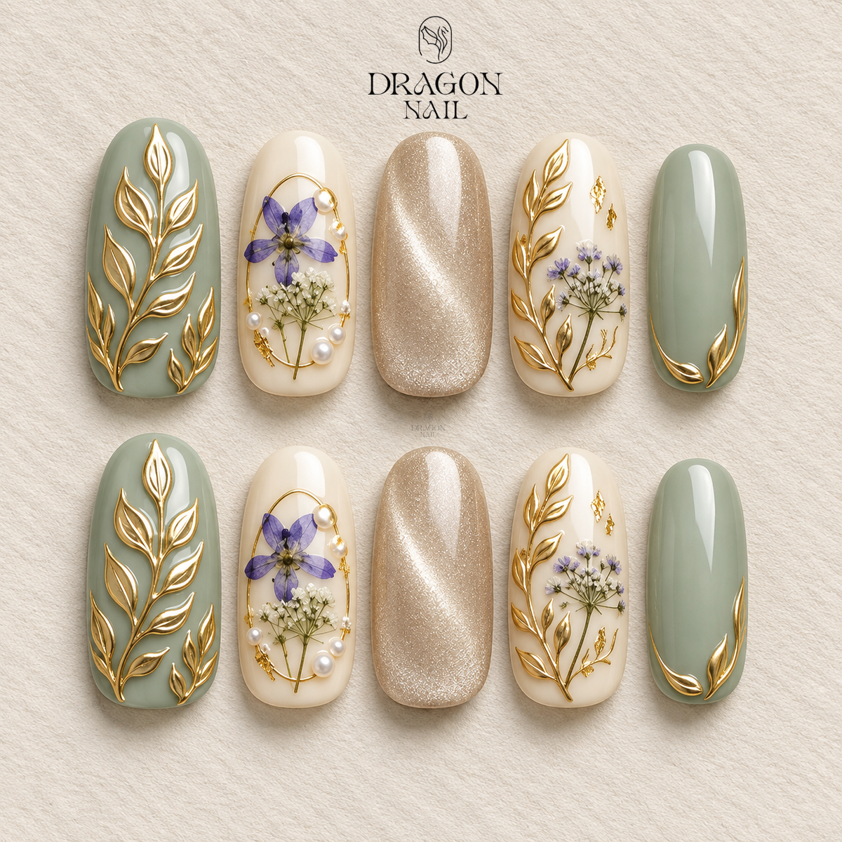 Sage Green Botanical Cat Eye Press On Nails