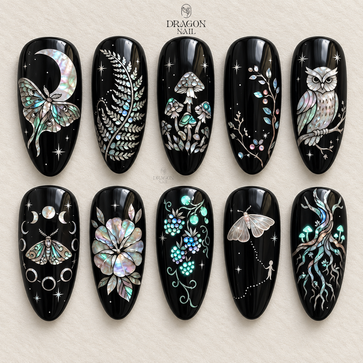 Iridescent Moth And Moon Dark Botanical Press On Nails