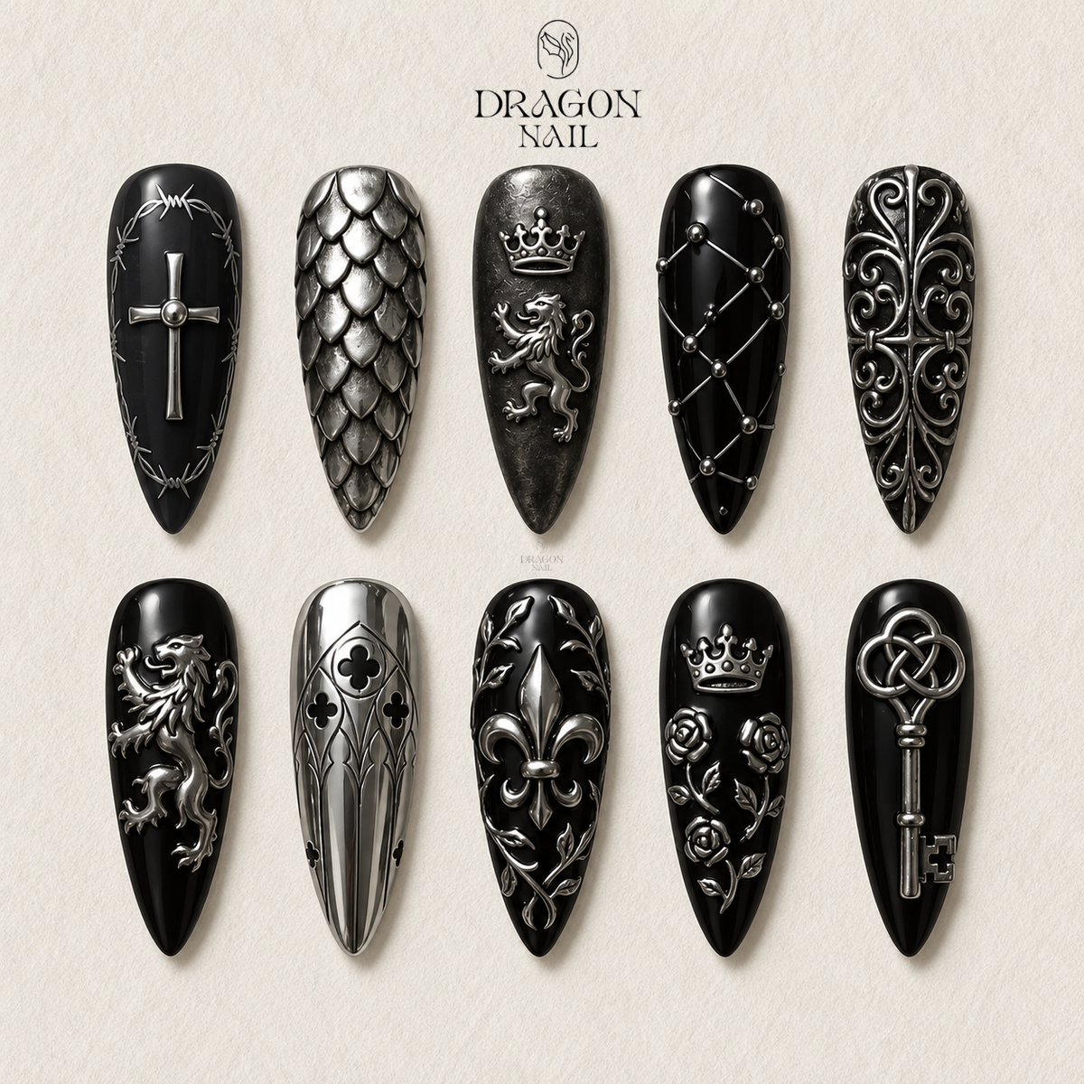 Black Silver Medieval Armor Press On Nails