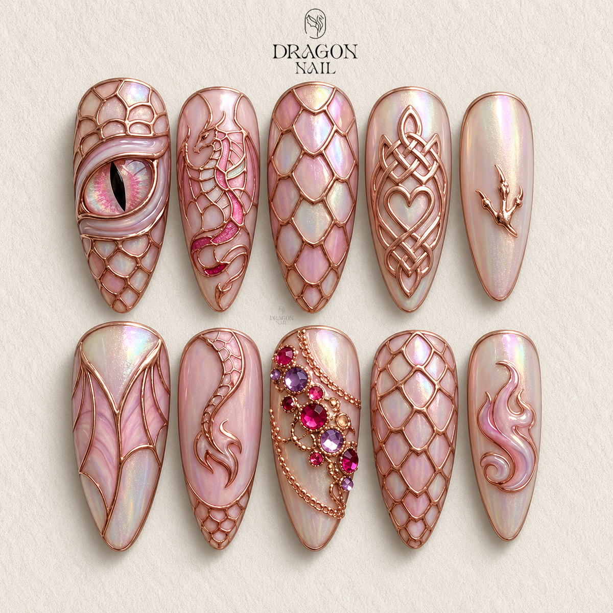 Rose Gold Dragon Scale Gemstone Press On Nails