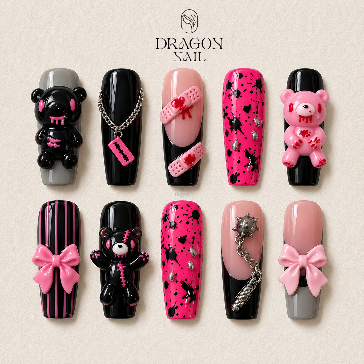 Pink Black Creepy Cute Bear Press On Nails