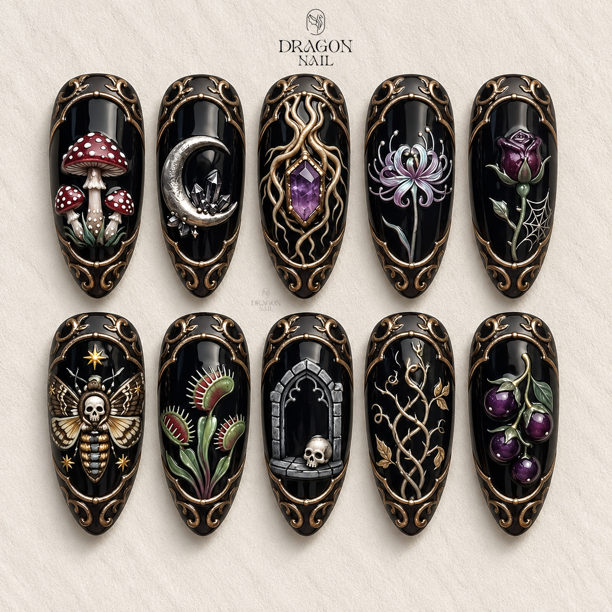Dark Forest Moth Amethyst Vintage Press On Nails