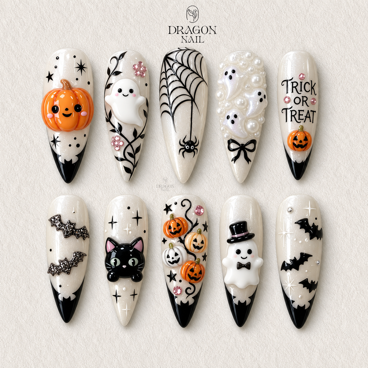 Black White Pumpkin Ghost Spooky Press On Nails