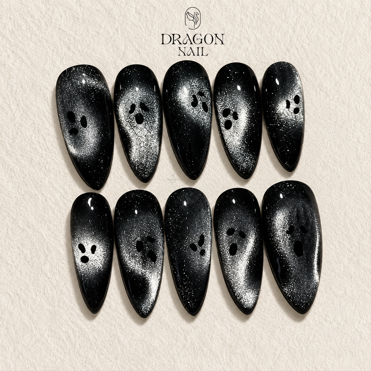 Black Silver Ghost Cat Eye Press On Nails