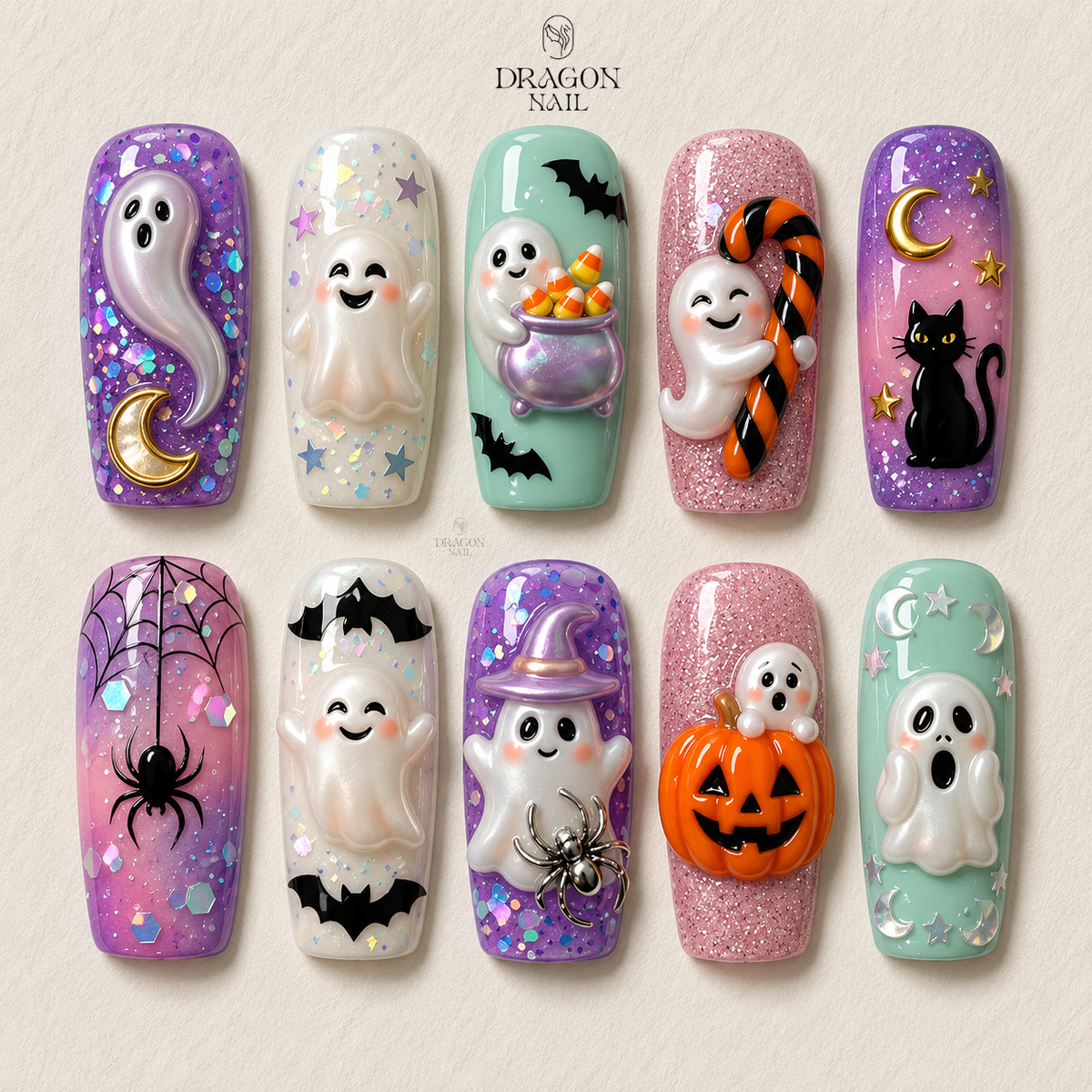 Pastel Ghost Pumpkin Whimsical Spooky Press On Nails