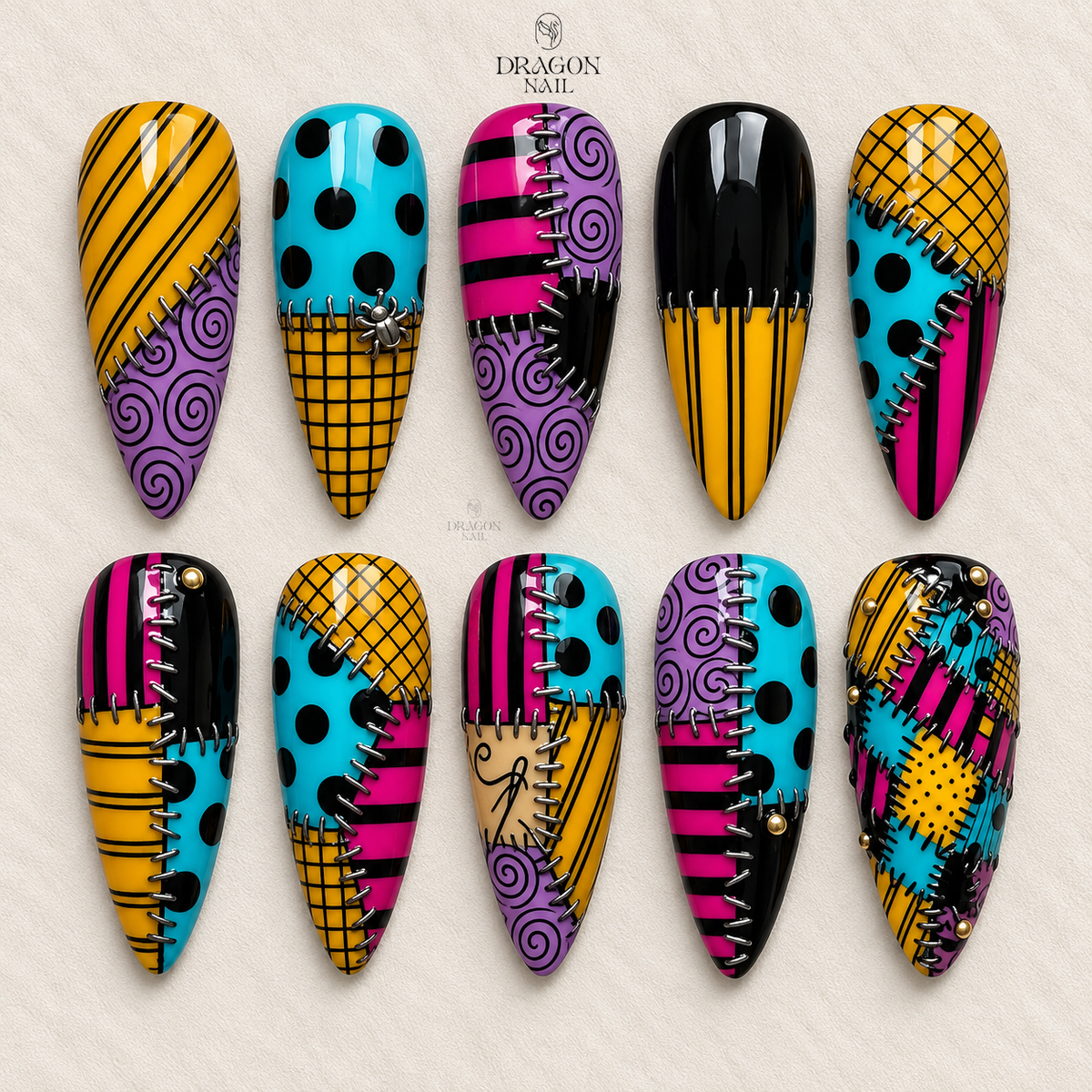 Colorful Patchwork Stitch Art Press On Nails