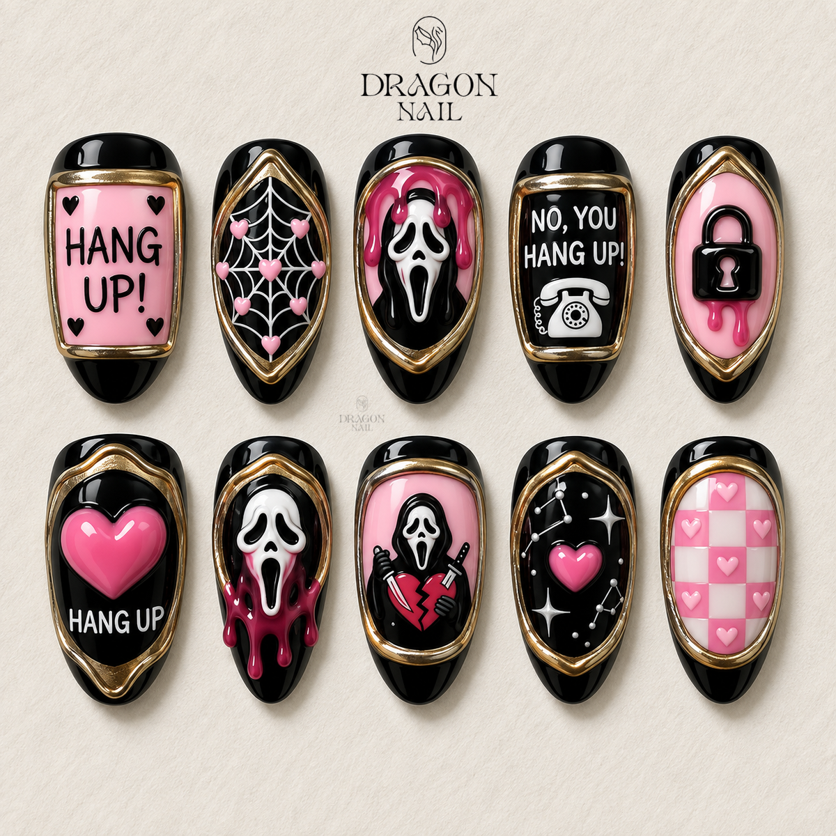 Pink Black Masked Caller Horror Press On Nails