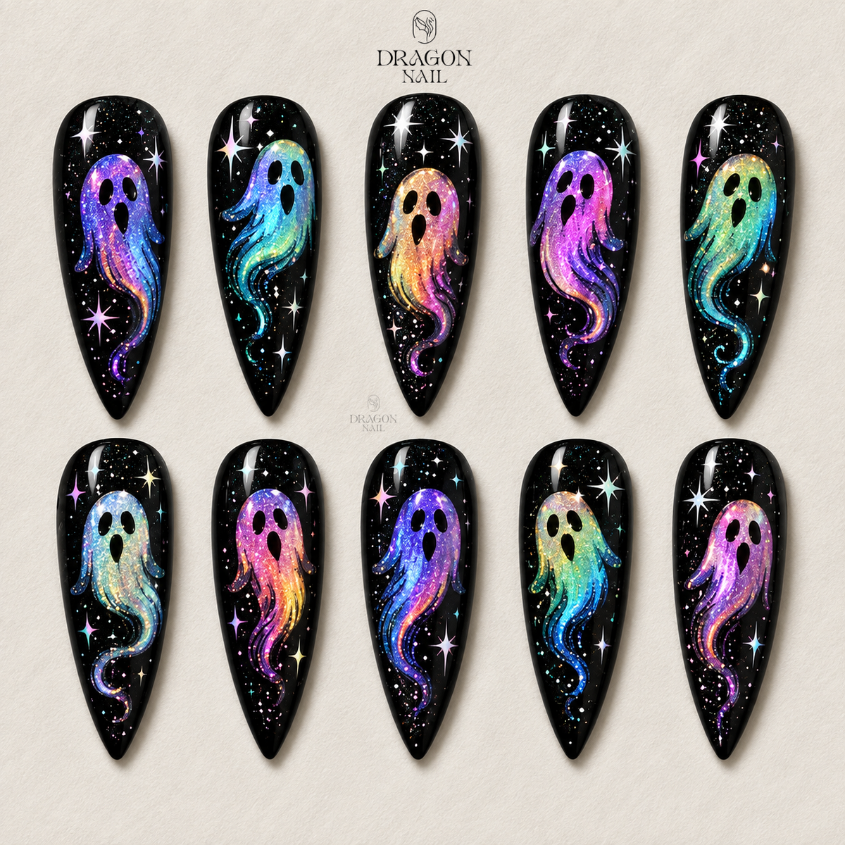 Iridescent Ghost Galaxy Black Press On Nails