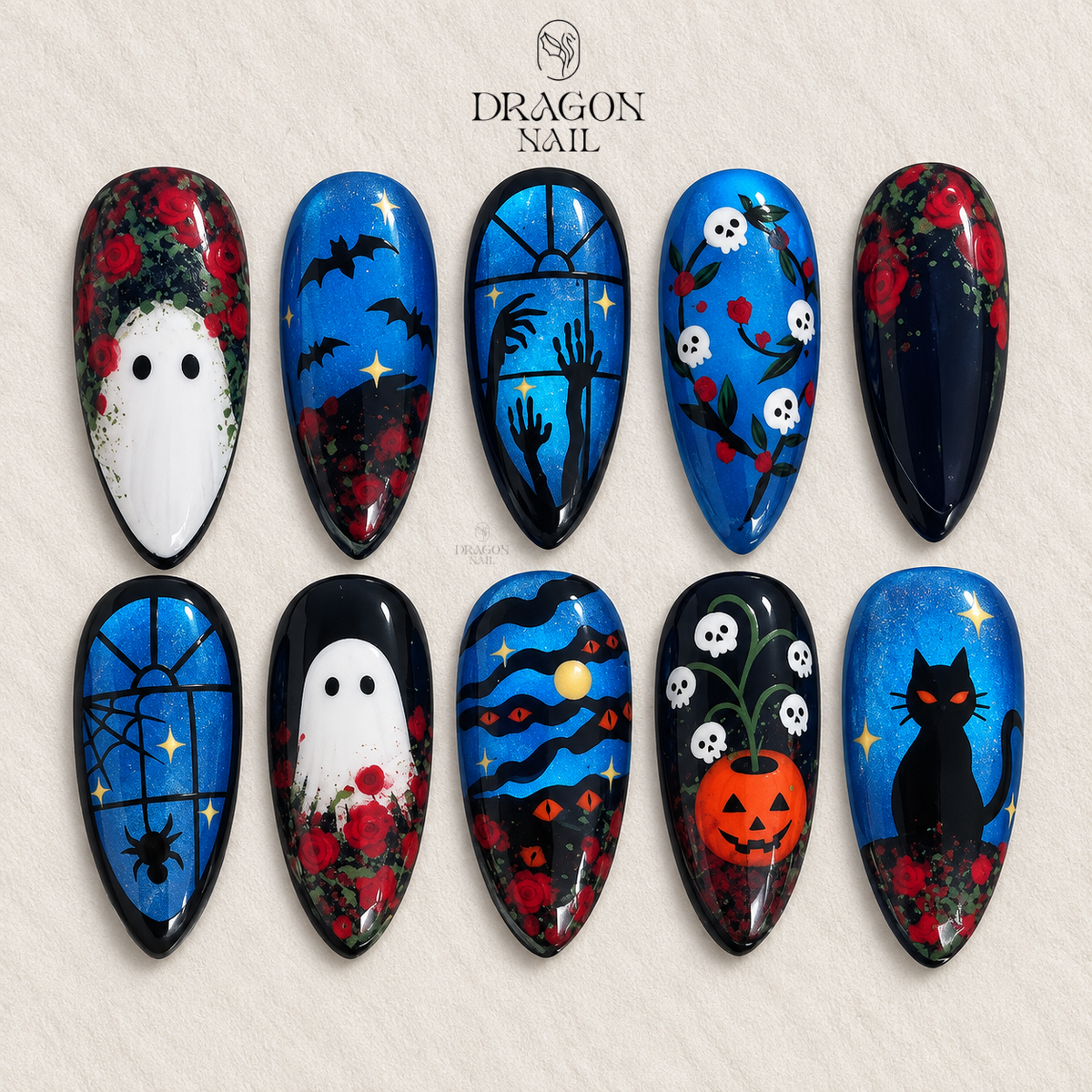 Blue Haunted Night Ghost Cat Press On Nails