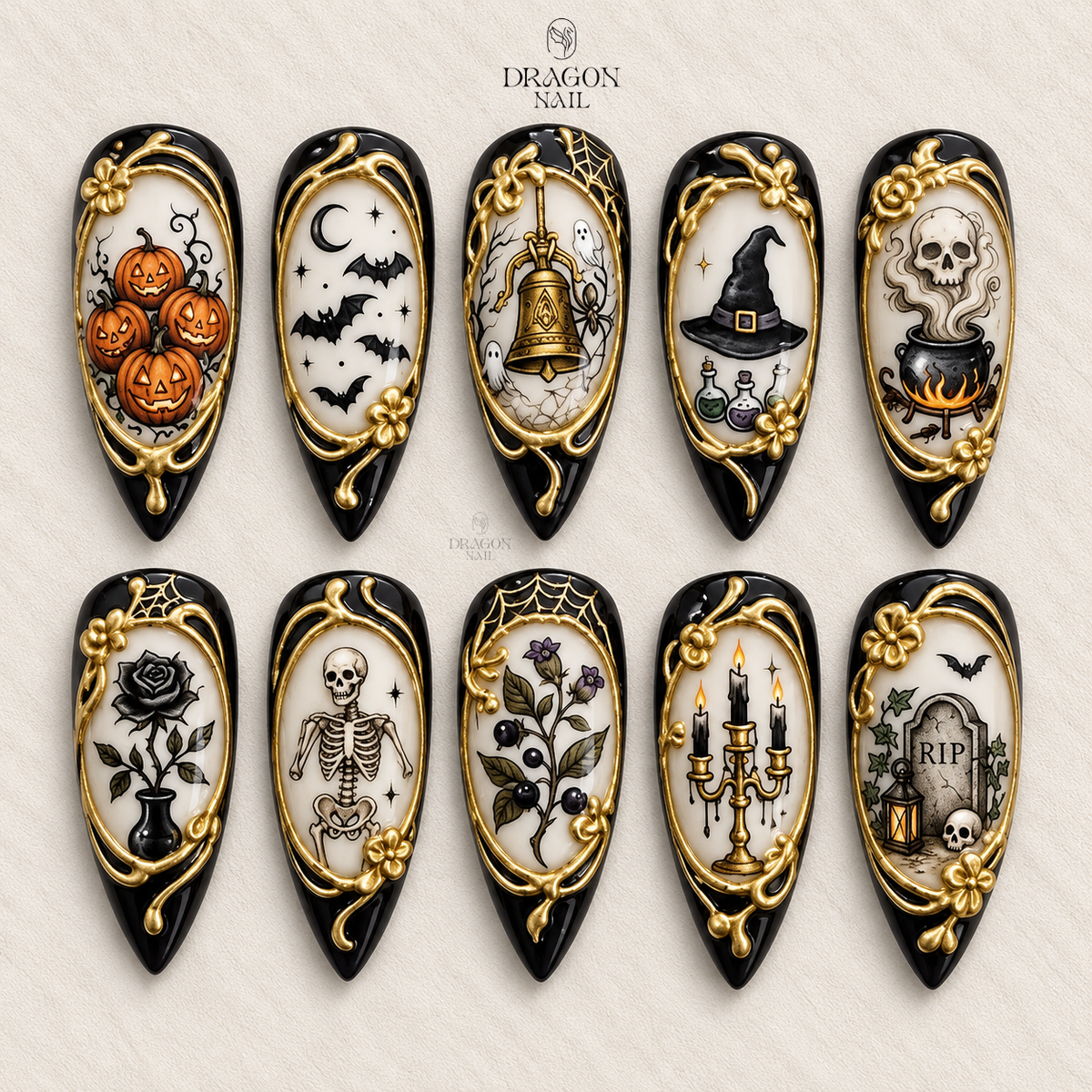 Black Gold Ghost Pumpkin Vintage Press On Nails