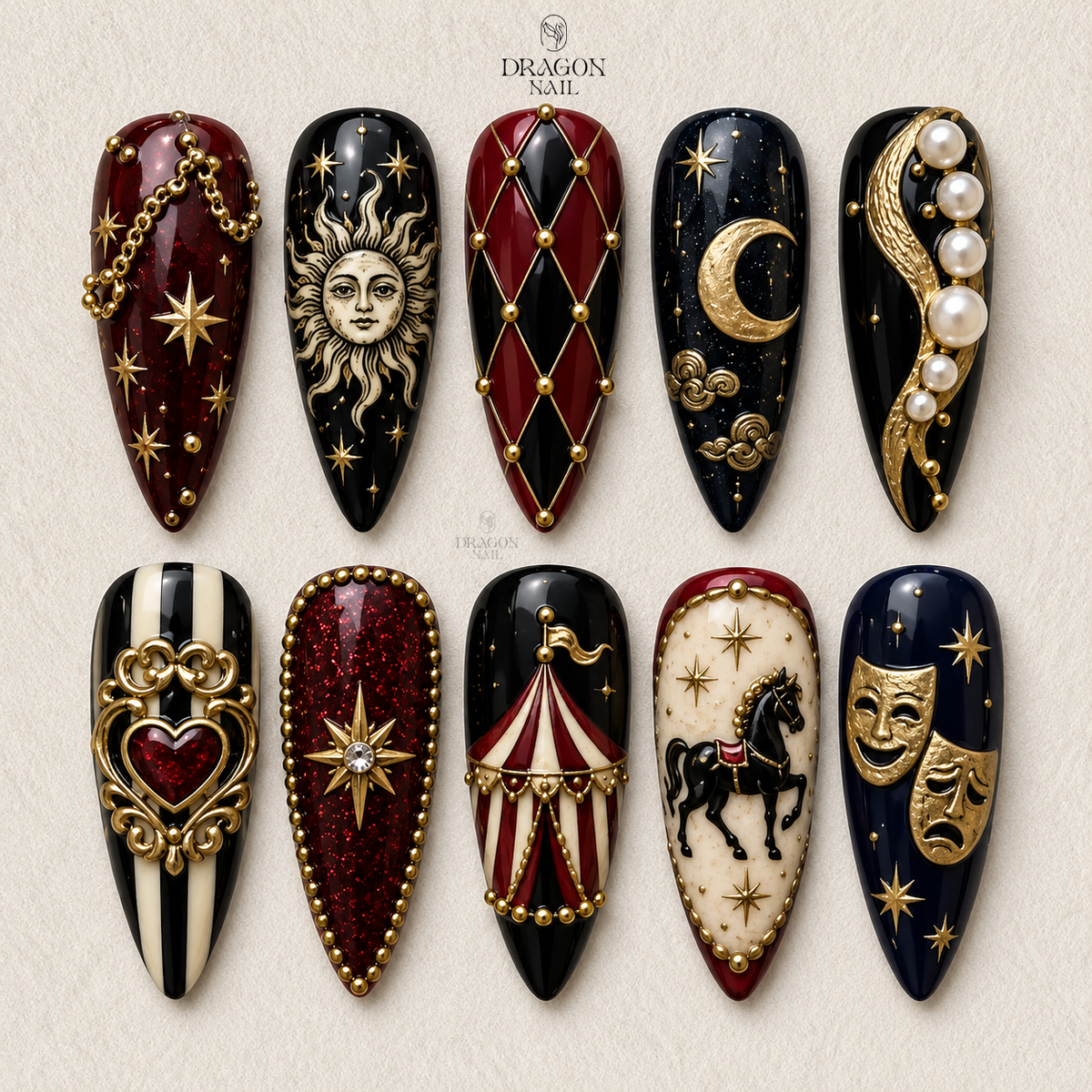 Black Red Celestial Circus Baroque Press On Nails