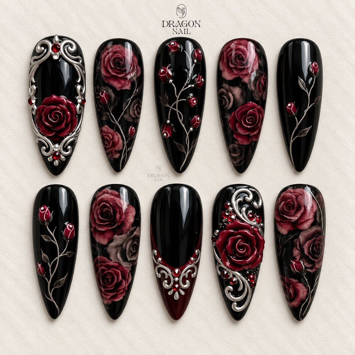 Black Burgundy Rose Baroque Romance Press On Nails