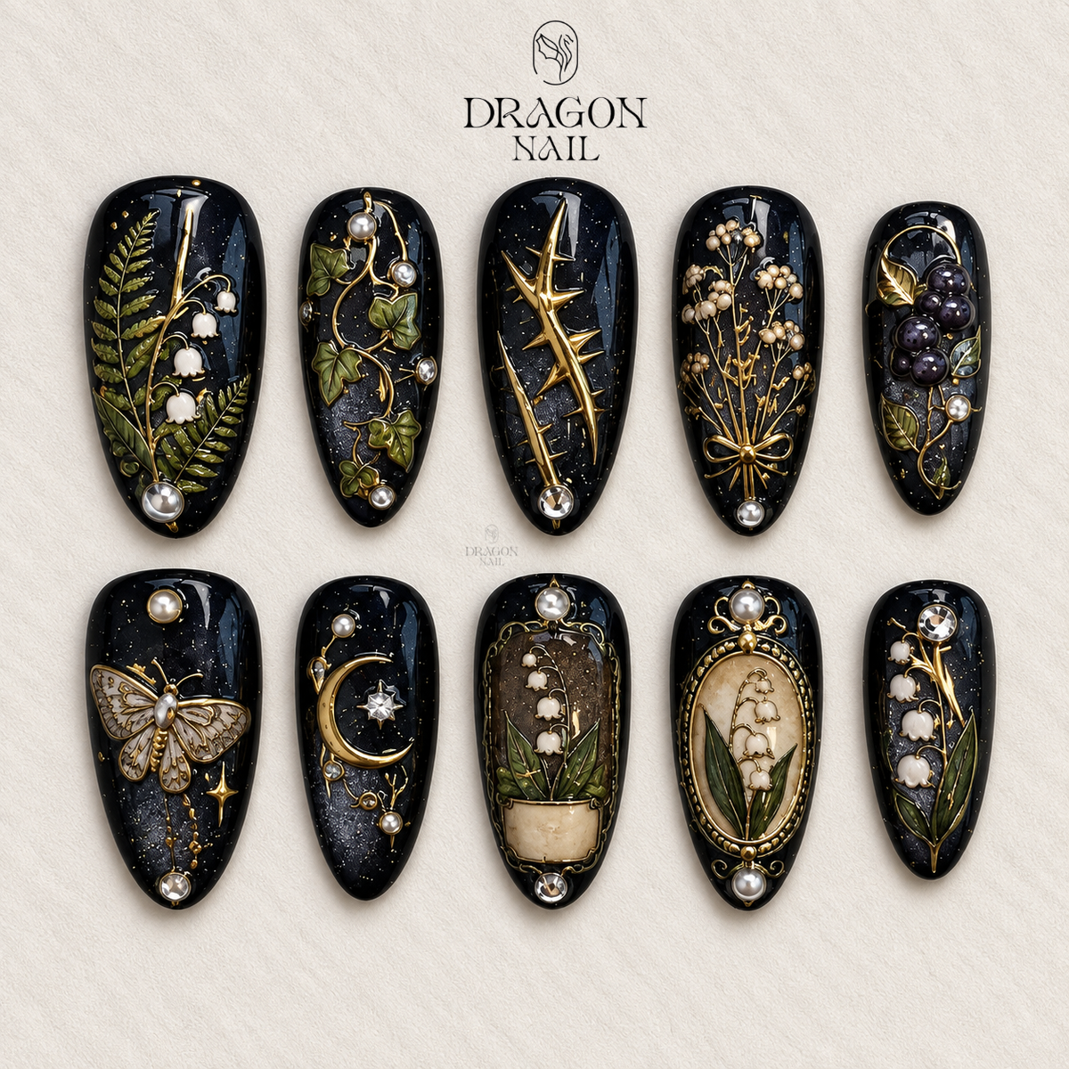 Black Gold Botanical Celestial Filigree Press On Nails