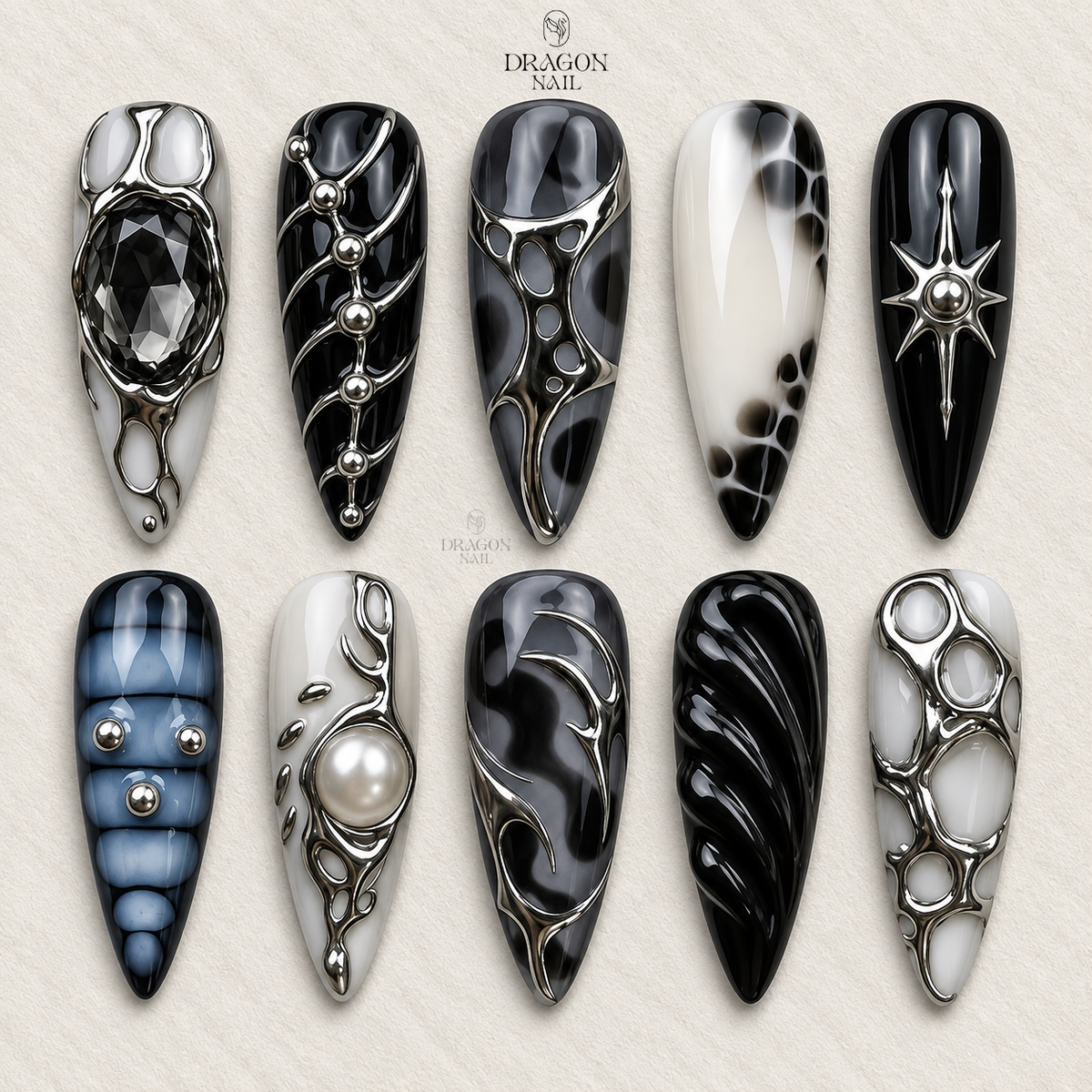 Black Silver Chrome Industrial Glam Press On Nails