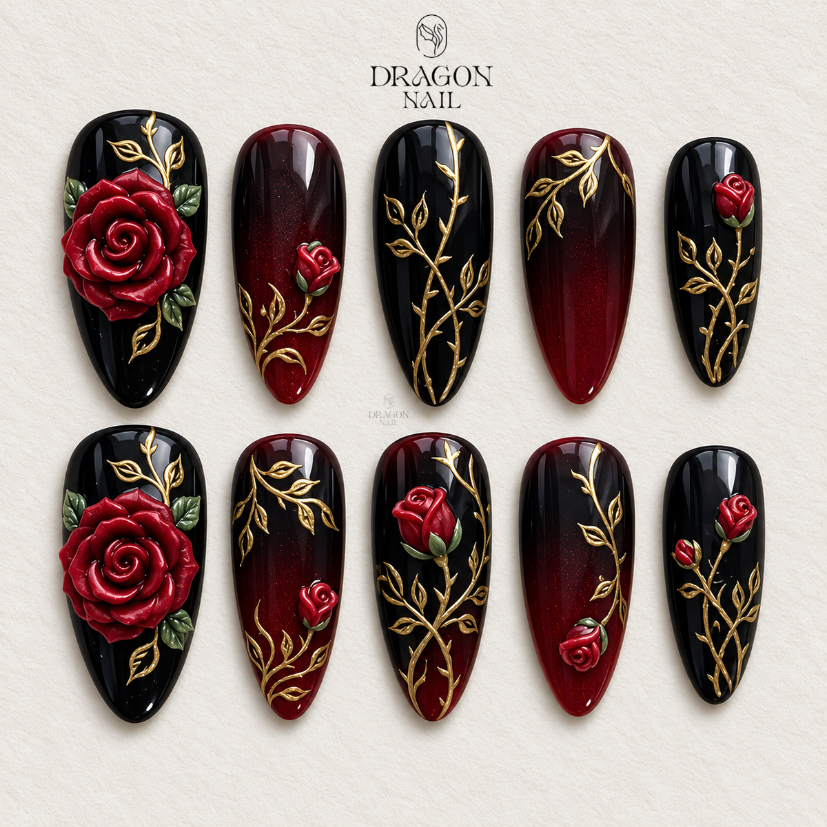 Black Burgundy Rose Dark Romance Press On Nails