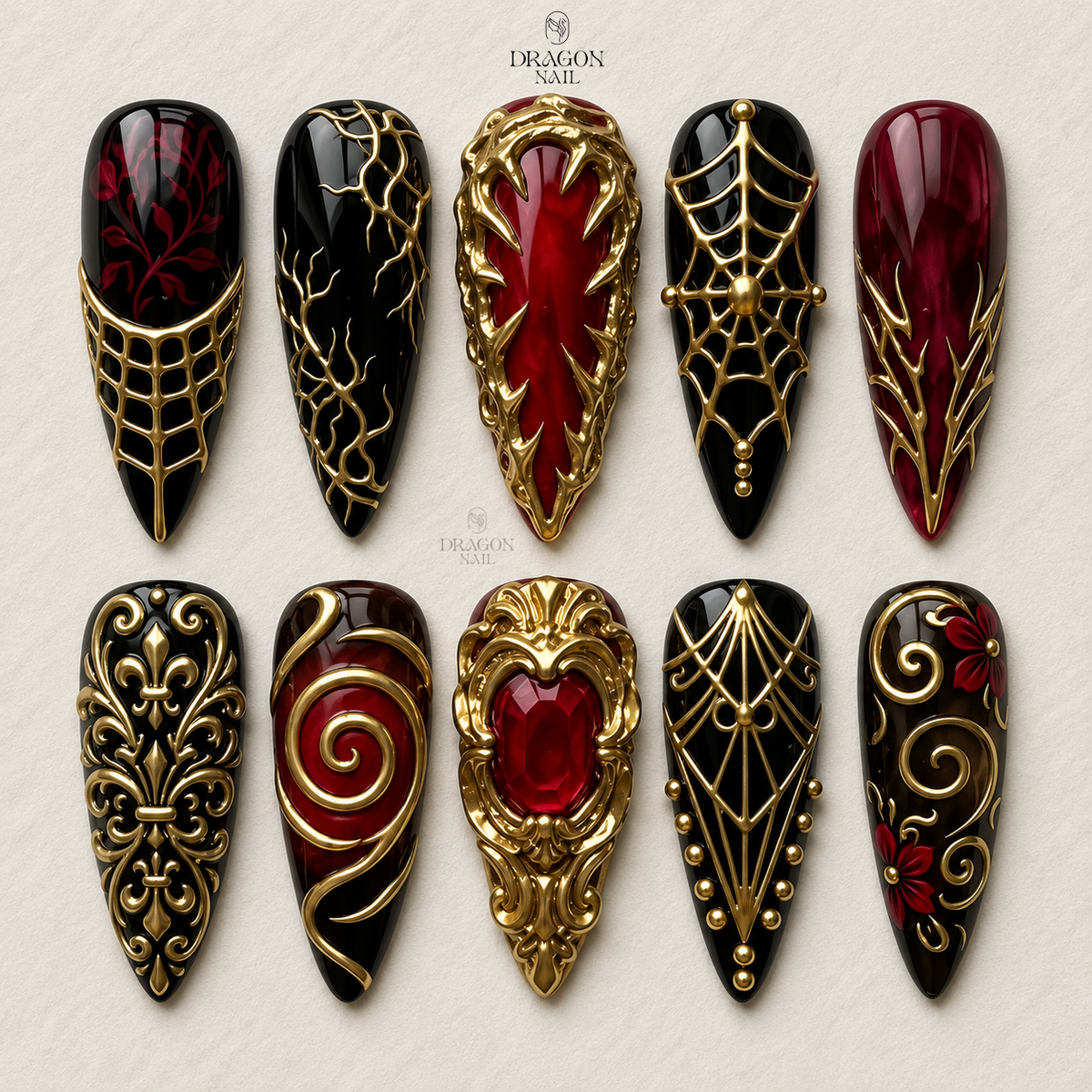 Black Red Gold Ornate Web Baroque Press On Nails