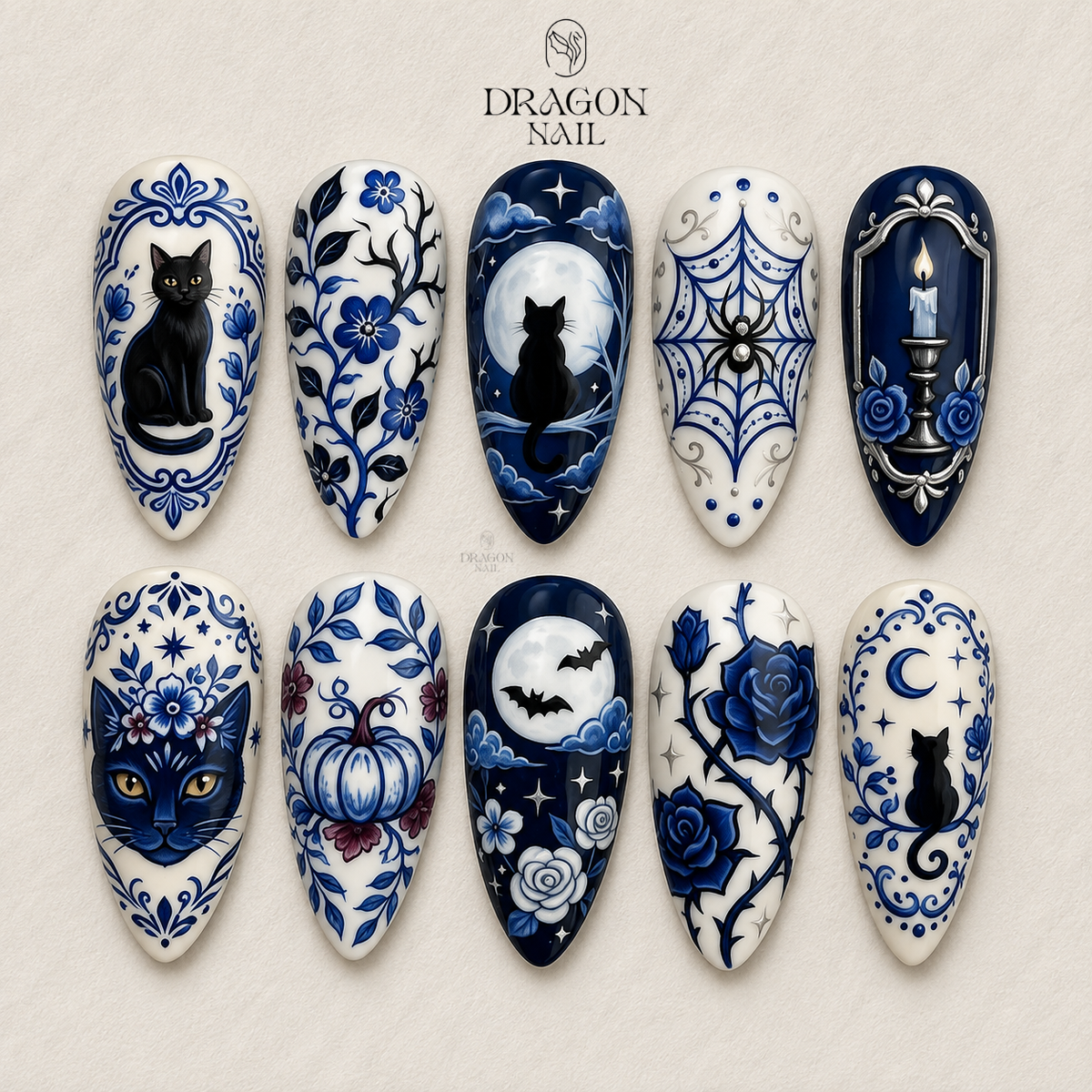 Blue Porcelain Black Cat Moonlight Press On Nails
