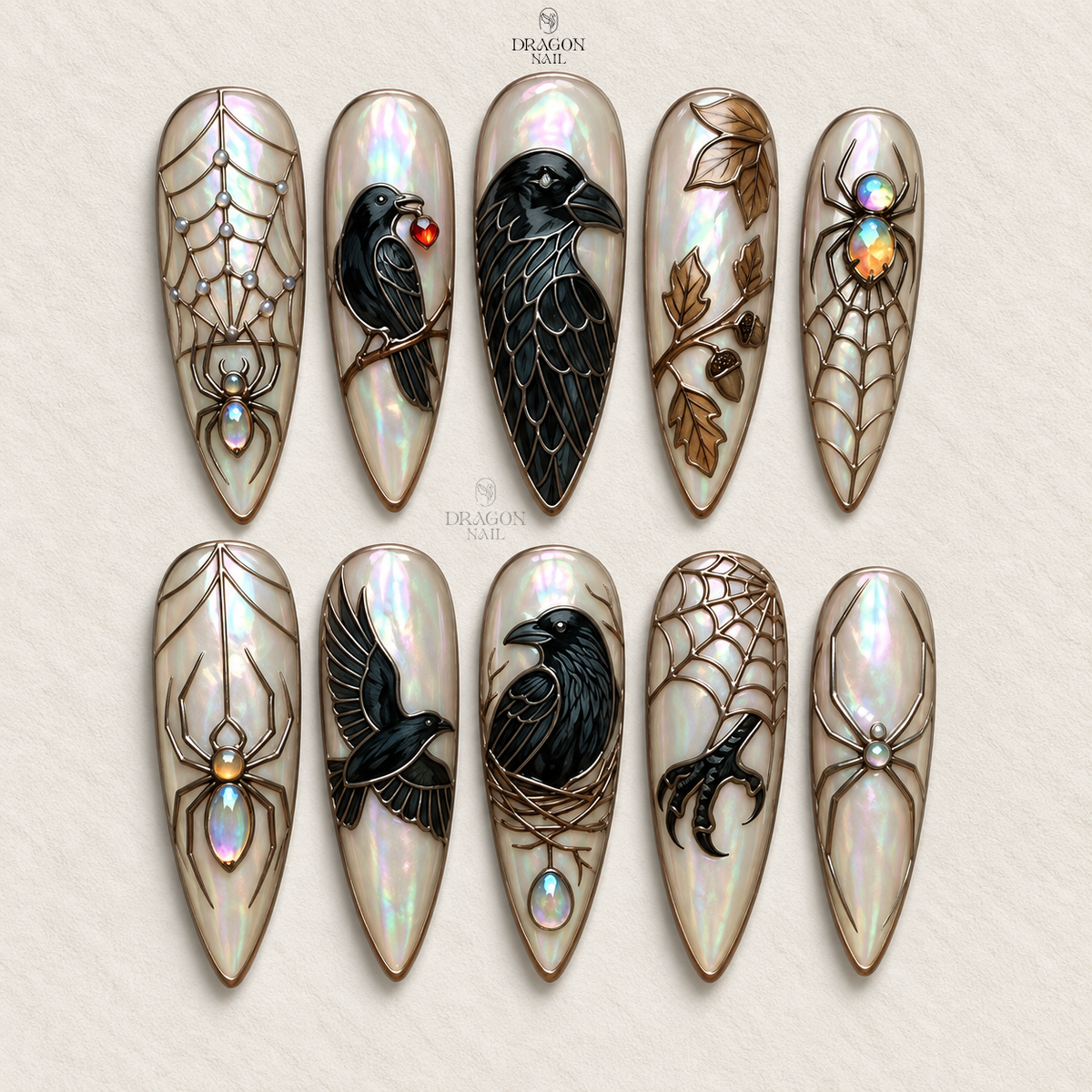 Iridescent Raven Spiderweb Moon Press On Nails