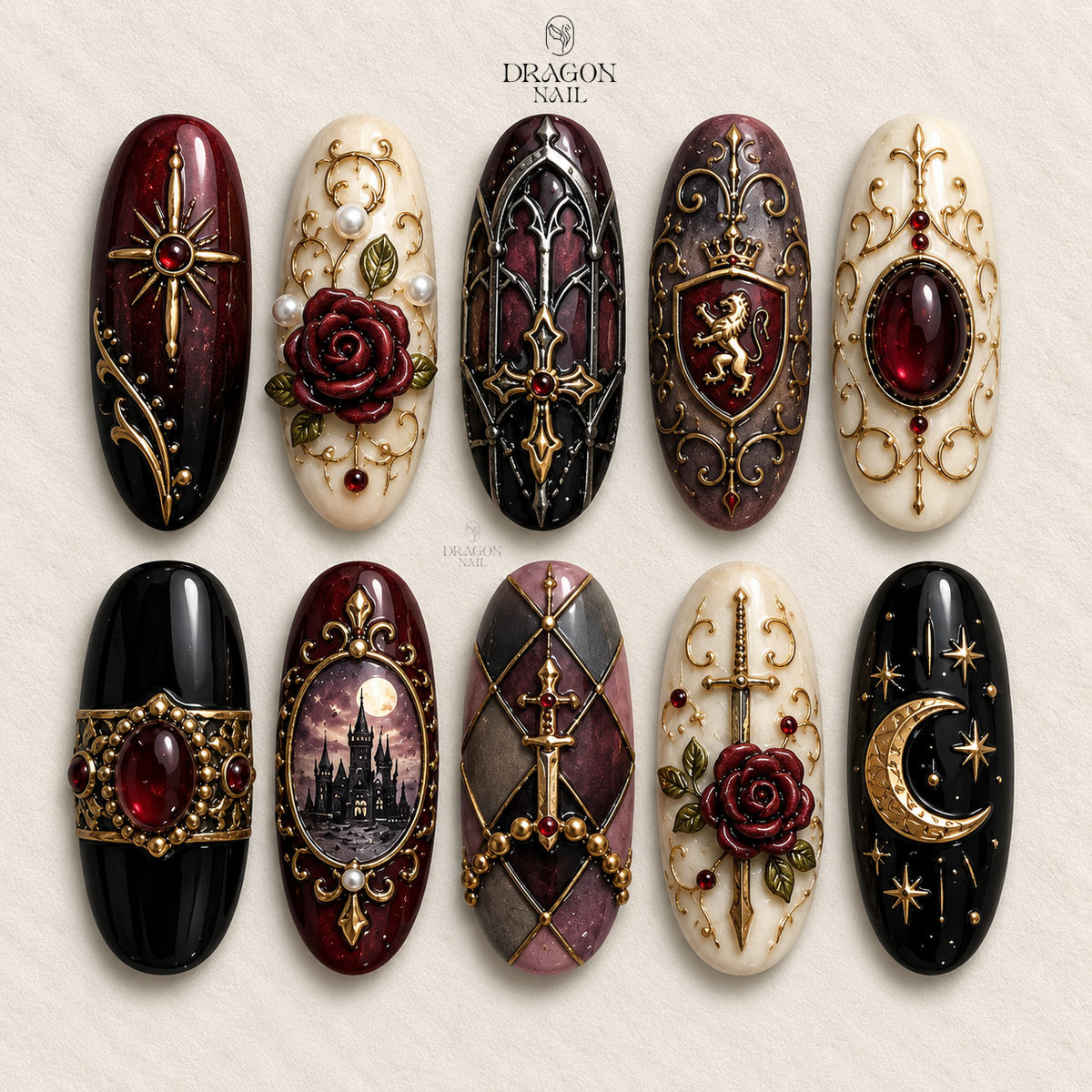 Burgundy Rose Stained Glass Antique Press On Nails
