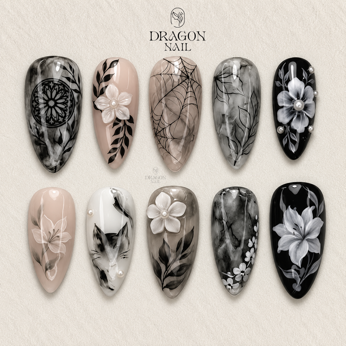 Black Blush Lily Cat Botanical Press On Nails
