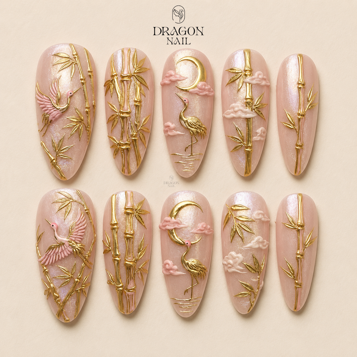 Elegant Zen Crane Gold Minimalist Press On Nails