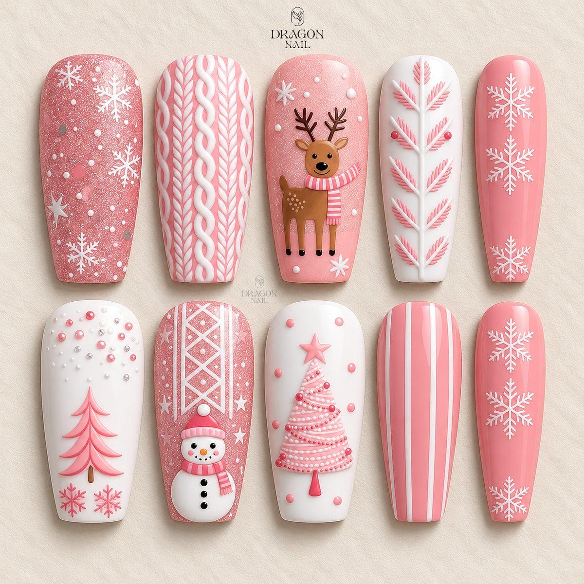 Pink Christmas Press On Nails – Snowflake, Reindeer & Sweater Knit Winter Nail Art