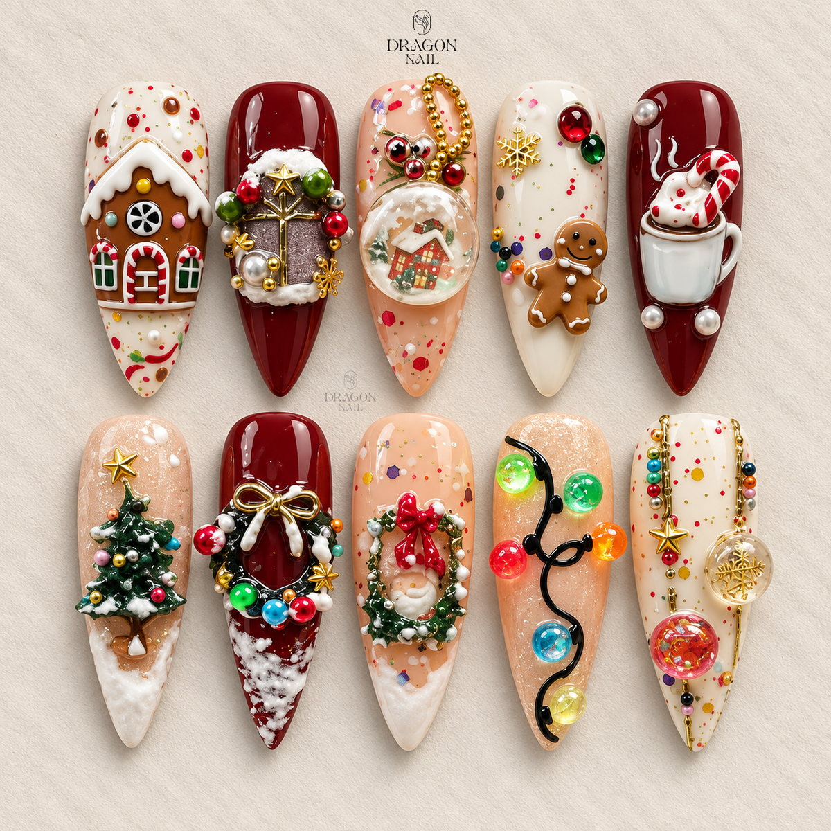 3D Santa Wreath Gingerbread Holiday Lights Christmas Press On Nails
