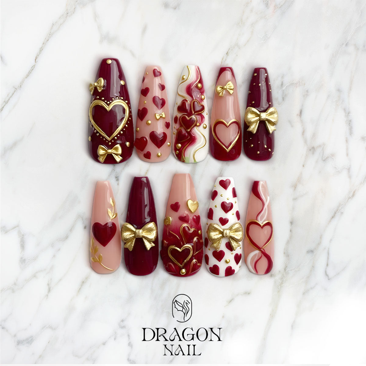 Valentine Heart Nails, Burgundy Pink Press-On Set With Gold Bows & 3D Details, Limited Edition