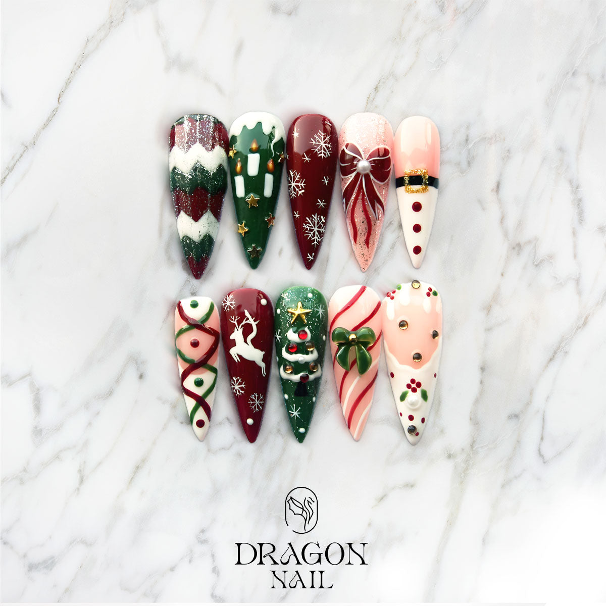Christmas Nails, Burgundy Green Holiday Press-On Set With Snowflakes & 3D Charms, Limited Edition