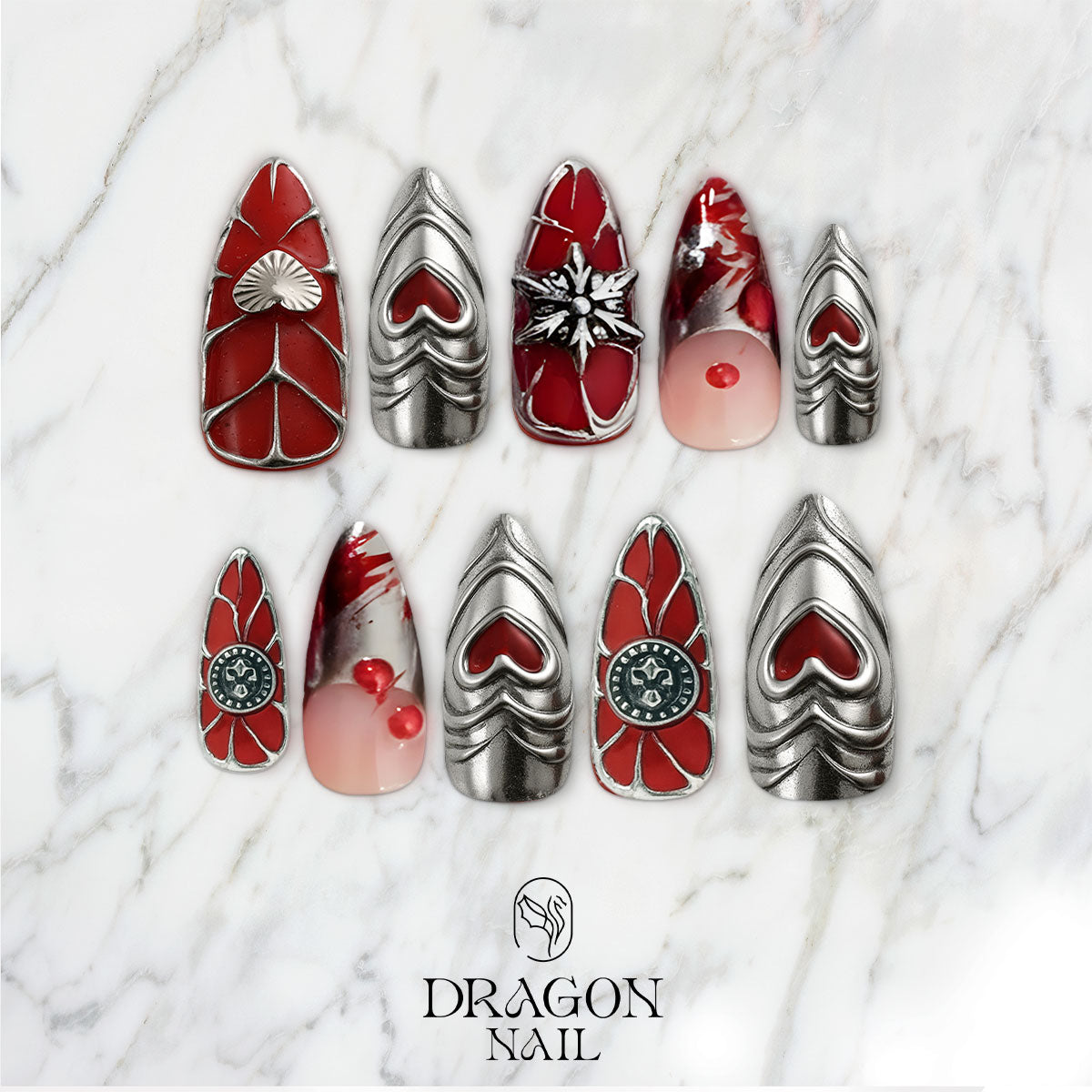 Gothic Valentine Nails, Metallic Silver Red Heart Press-On Set With 3D Chrome Layers, Limited Edition