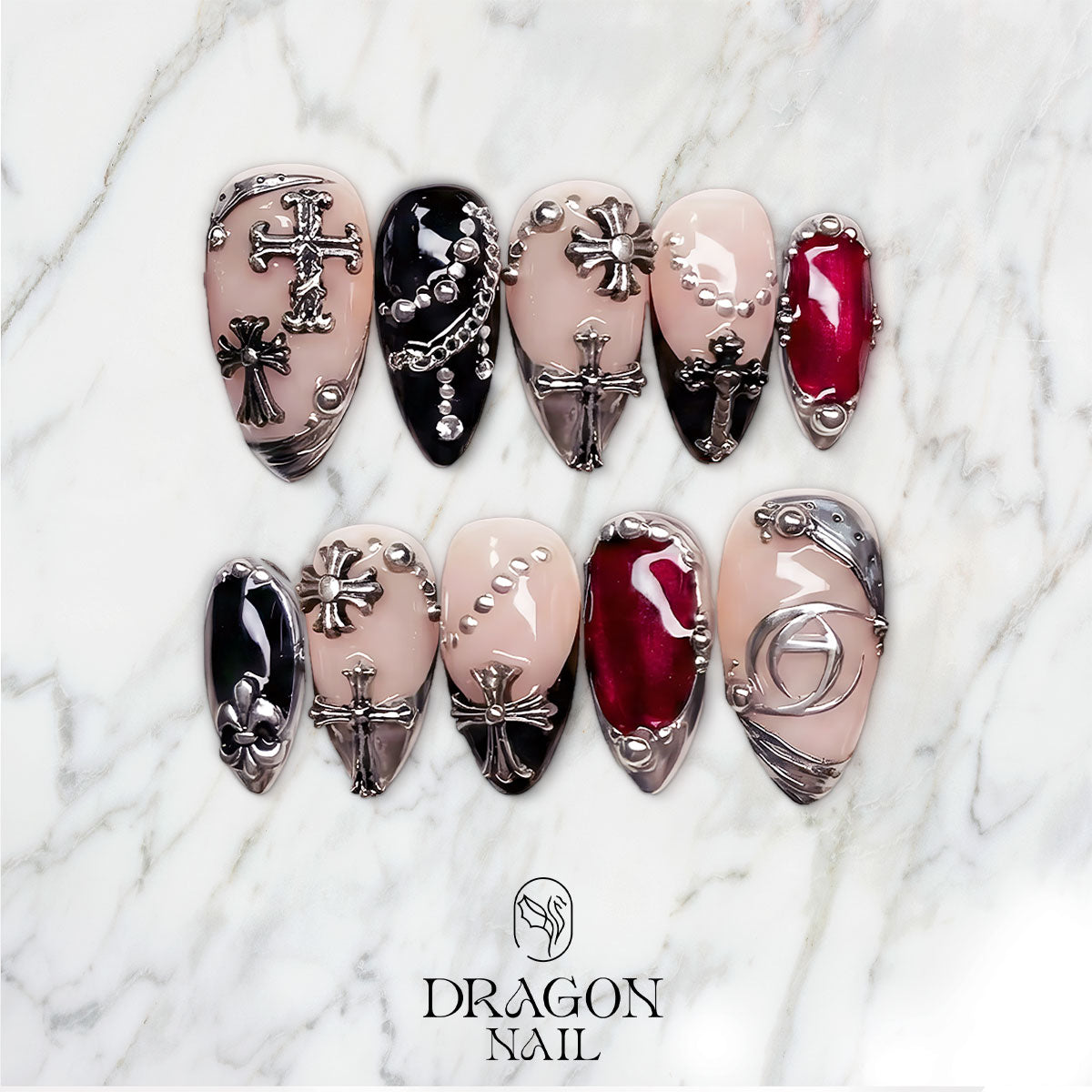 Gothic Cross Nails, Black Red Chrome Press-On Set With 3D Silver Charms, Limited Edition
