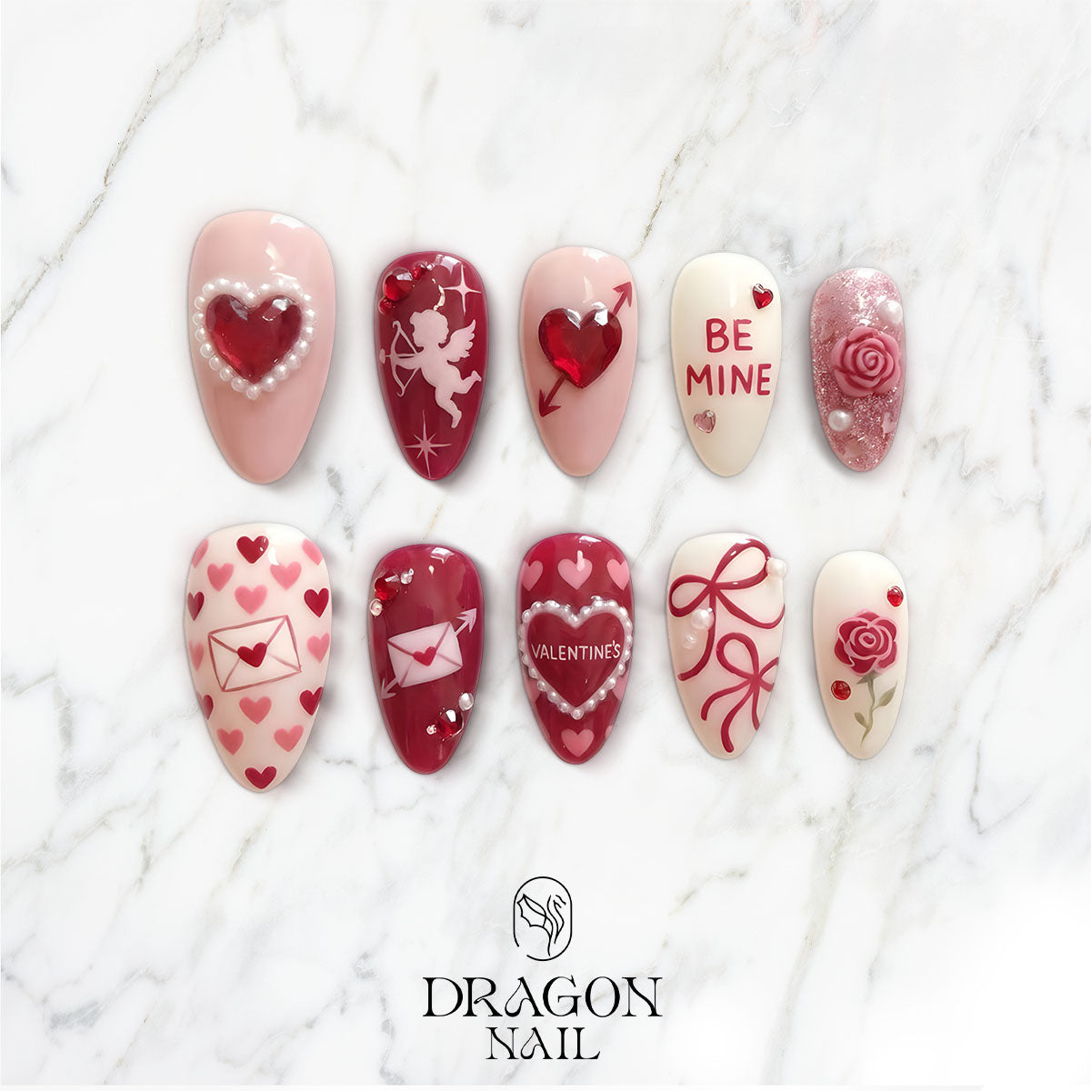 Valentine Cupid & Heart Nails, Red Pink Love Letter Press-On Set, Limited Edition